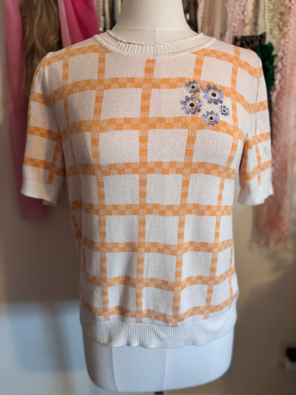 LOFT Orange White Plaid Embroidered Floral Knit Sweater Size L